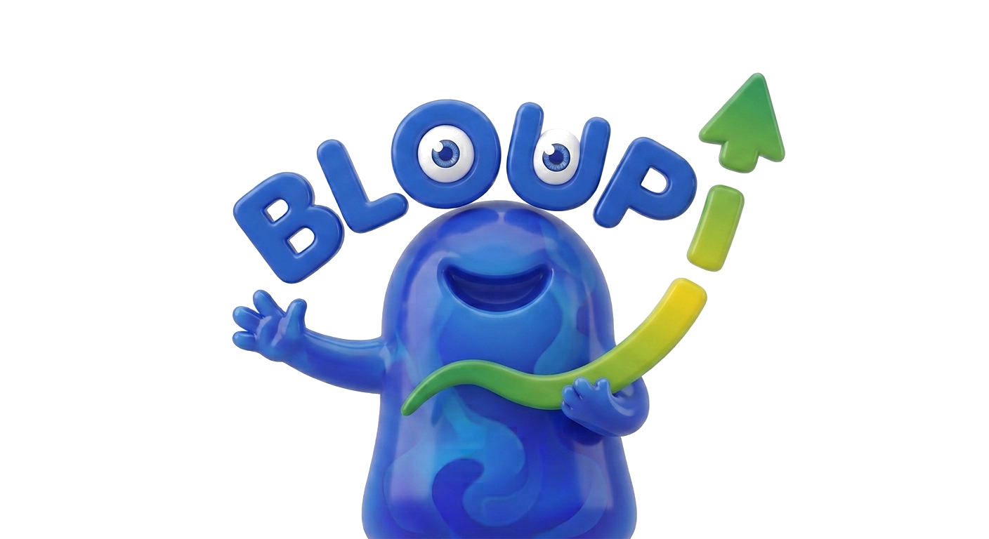 Bloupi mascot — a friendly blue blob holding a green upward arrow, with the wordmark BLOUPI